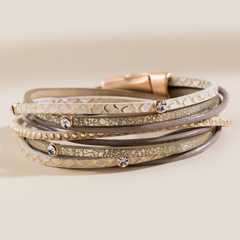 NEW Francesca’s Mariah Leather Suede Wrap Crystal Rose Gold Natural Bracelet